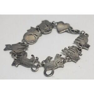Silver Tone Cat Charm Bracelet Heart Links Kitty Animal‎ Lover Gift